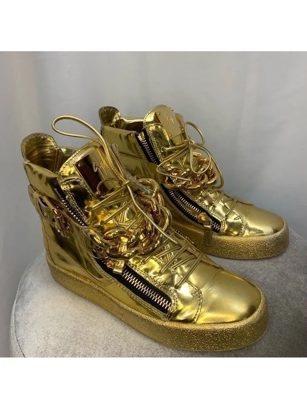 Giuseppe Zanotti London Mirrored Leather Chain High  'Vegas Gold' hi-top sneaker